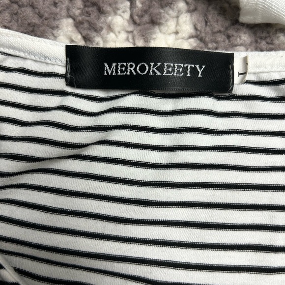 Merokeety Dress Sz L  White with Black Pin Stripes Midi Pockets Women's - Picture 5 of 6